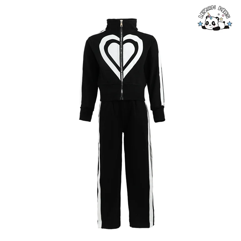 LEZONKIDS - OEM Customized Fashion Heart Print Zipper Hoodie Coat Side Stripe Sweat Pants Girls Clothing Sets Luxury
